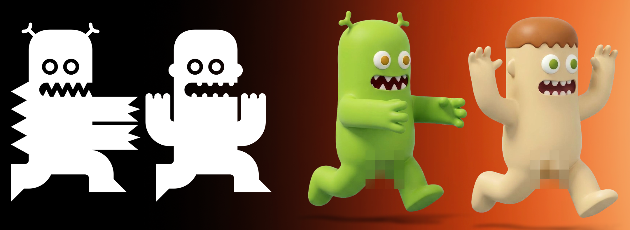 Two flat 2D mascot silhouettes on the left morphing into fully rendered 3D characters on the right — a green alien and a human figure mid-run.