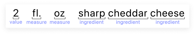 A multi-word ingredient of sharp cheddar cheese where the ingredient value is split into 3 words
