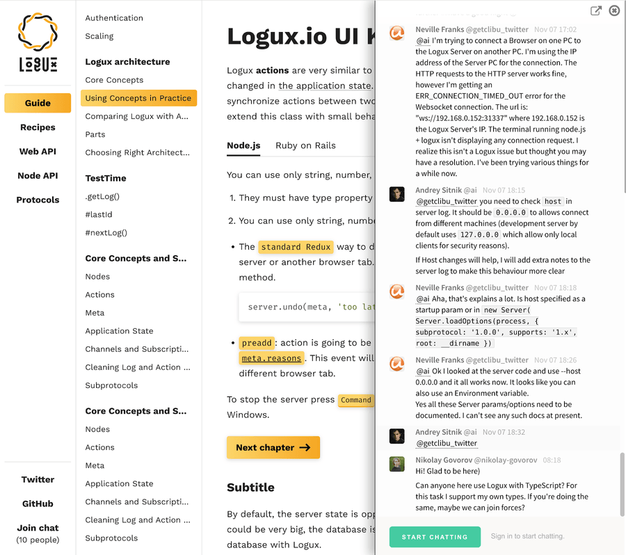 Gitter chat widget directly on Logux website