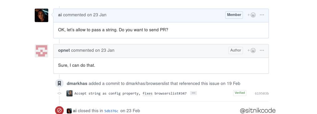 Some GitHub commentary showing Andrey Sitnik encouraging a user to open a PR in order to incorporate their mentioned issue.