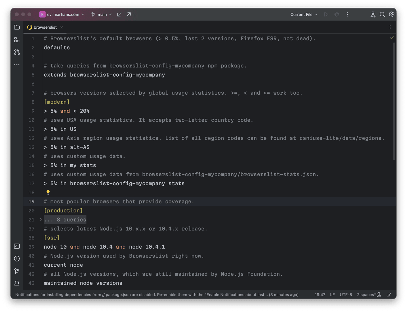 Browserslist config example