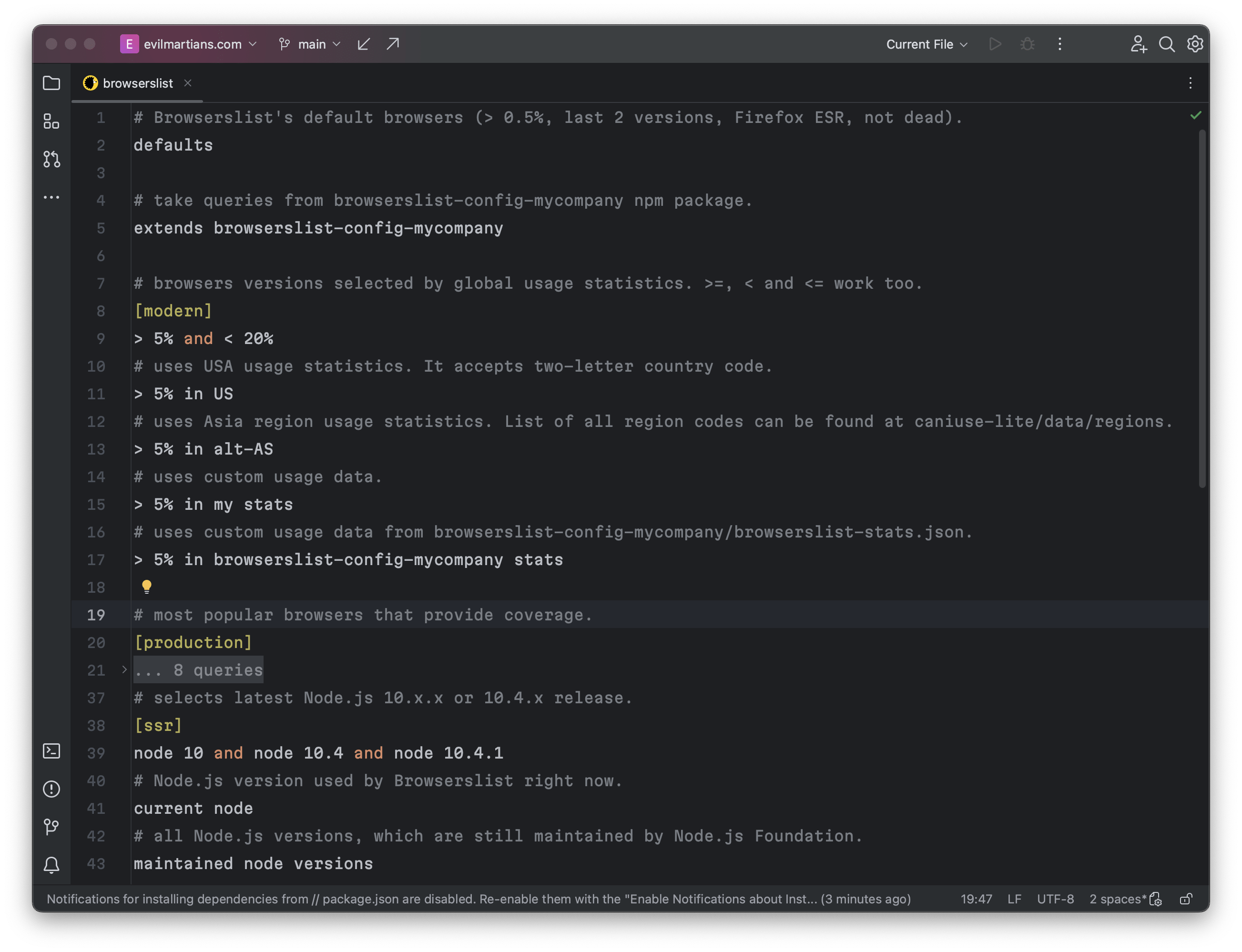 Browserslist config example
