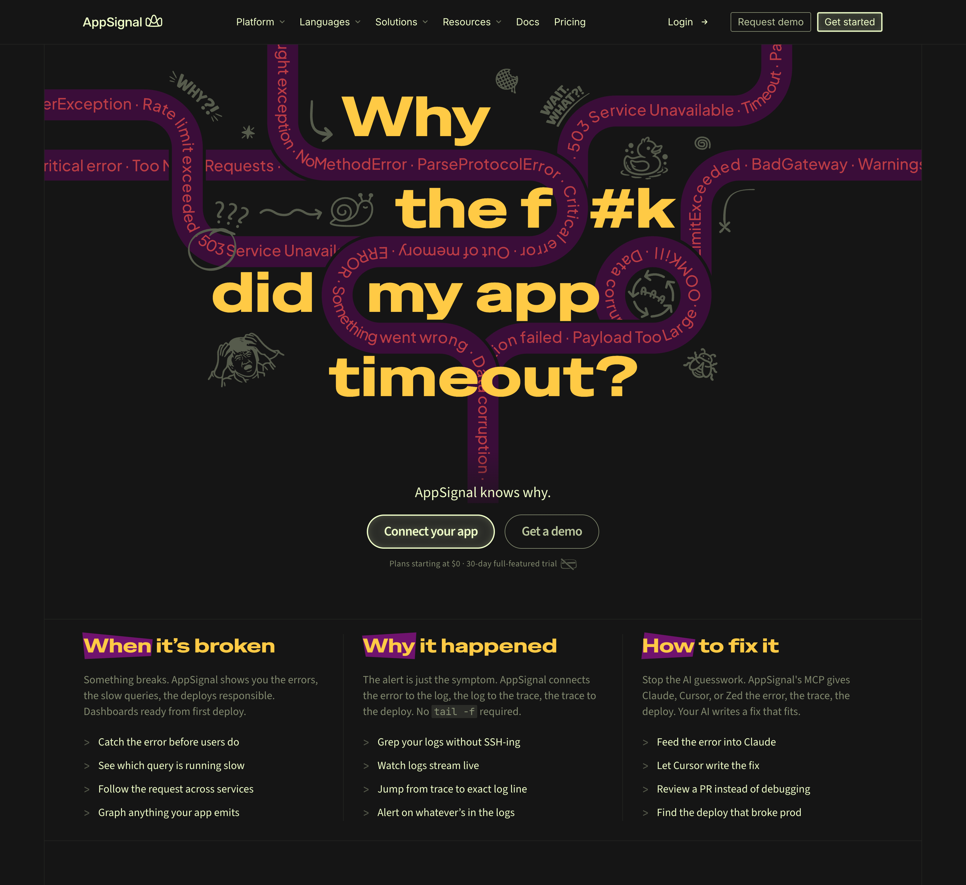 The shipped AppSignal homepage showing the final design and messaging