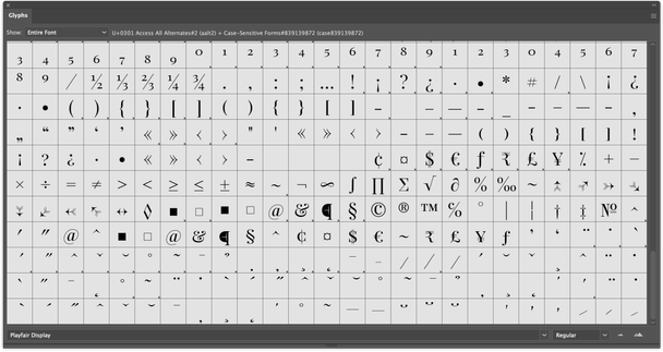 The character set for the Playfair Display font in Adobe Illustrator.