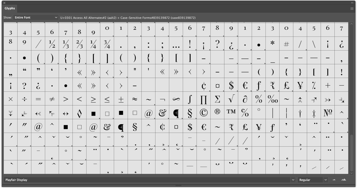 The character set for the Playfair Display font in Adobe Illustrator.