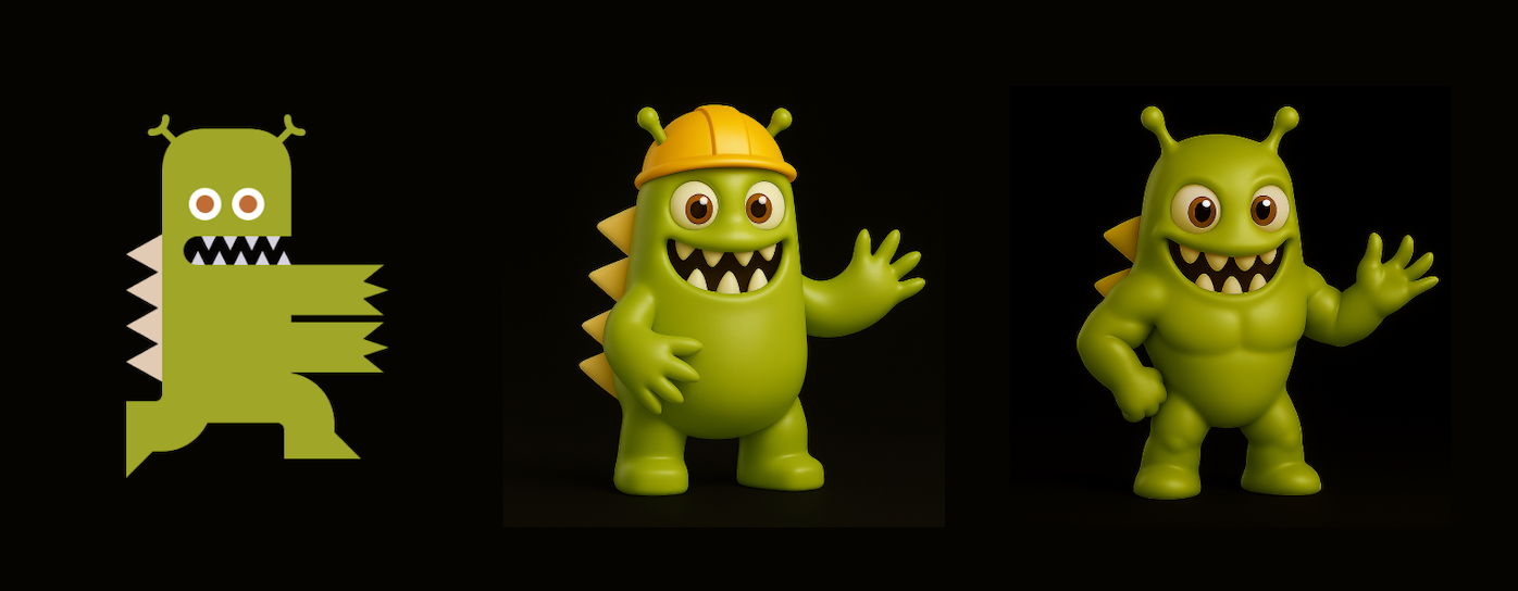 The flat 2D Evil Martians mascot on the left transformed into versatile 3D models on the right, one of them wearing a hard hat.