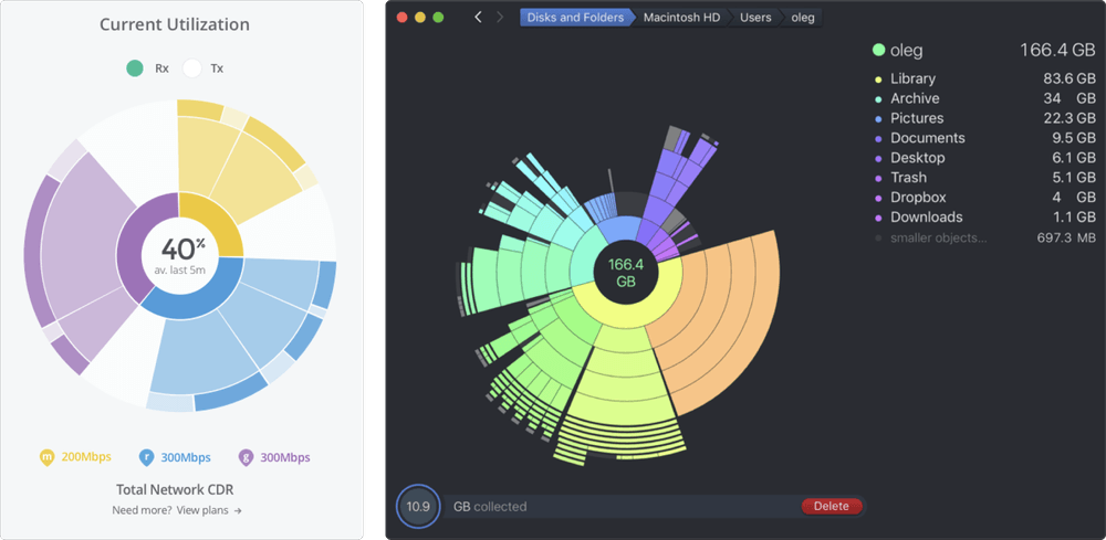 Sunburst diagrams, one is a mockup with various network allocation displays, the other shows the tool DaisyDisk and MacOS disk usage