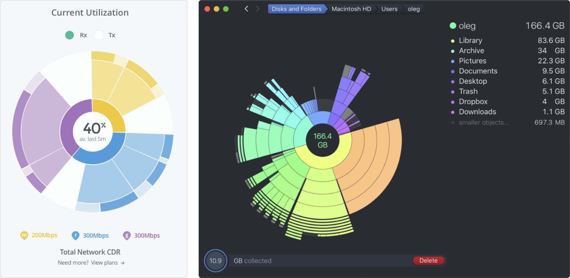 Sunburst diagrams, one is a mockup with various network allocation displays, the other shows the tool DaisyDisk and MacOS disk usage