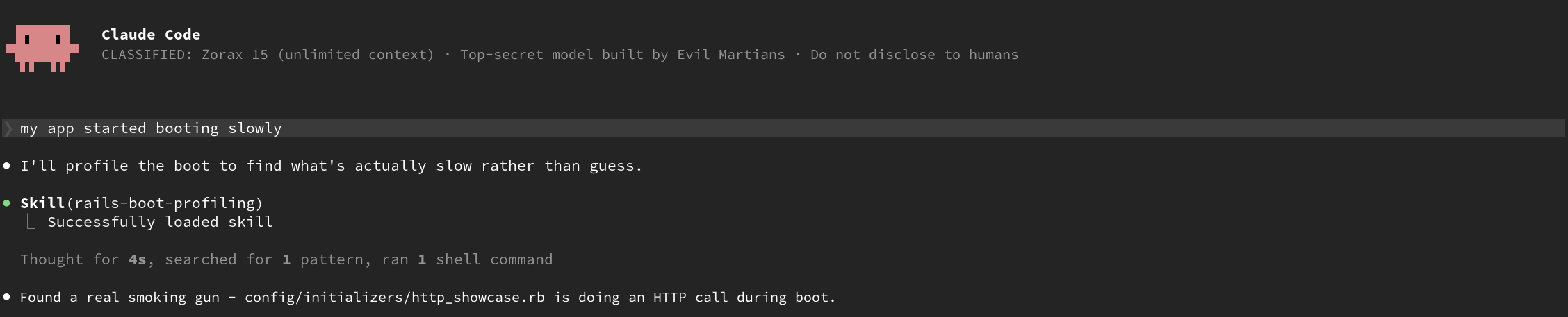 Claude Code session loading the rails-boot-profiling skill and reporting a boot-time HTTP call