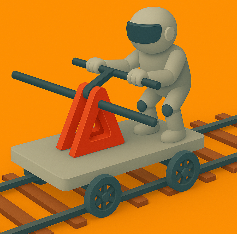 An isometric 3D illustration of a figure pumping a railroad handcar along the tracks — used to show the workflow going off the rails.