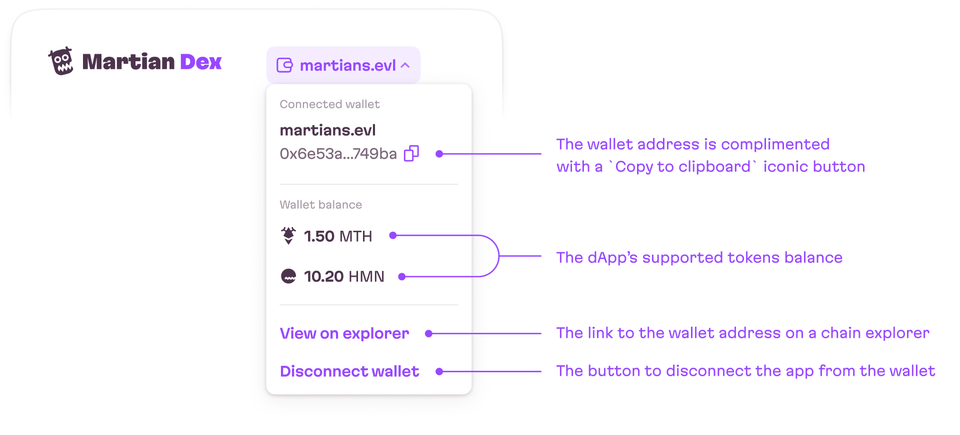 A drop down UI of the wallet menu reveals the copy to clipboard feature near the wallet address, supported tokens balance, a link to the wallet on a chain explorer, and a disconnect wallet button.