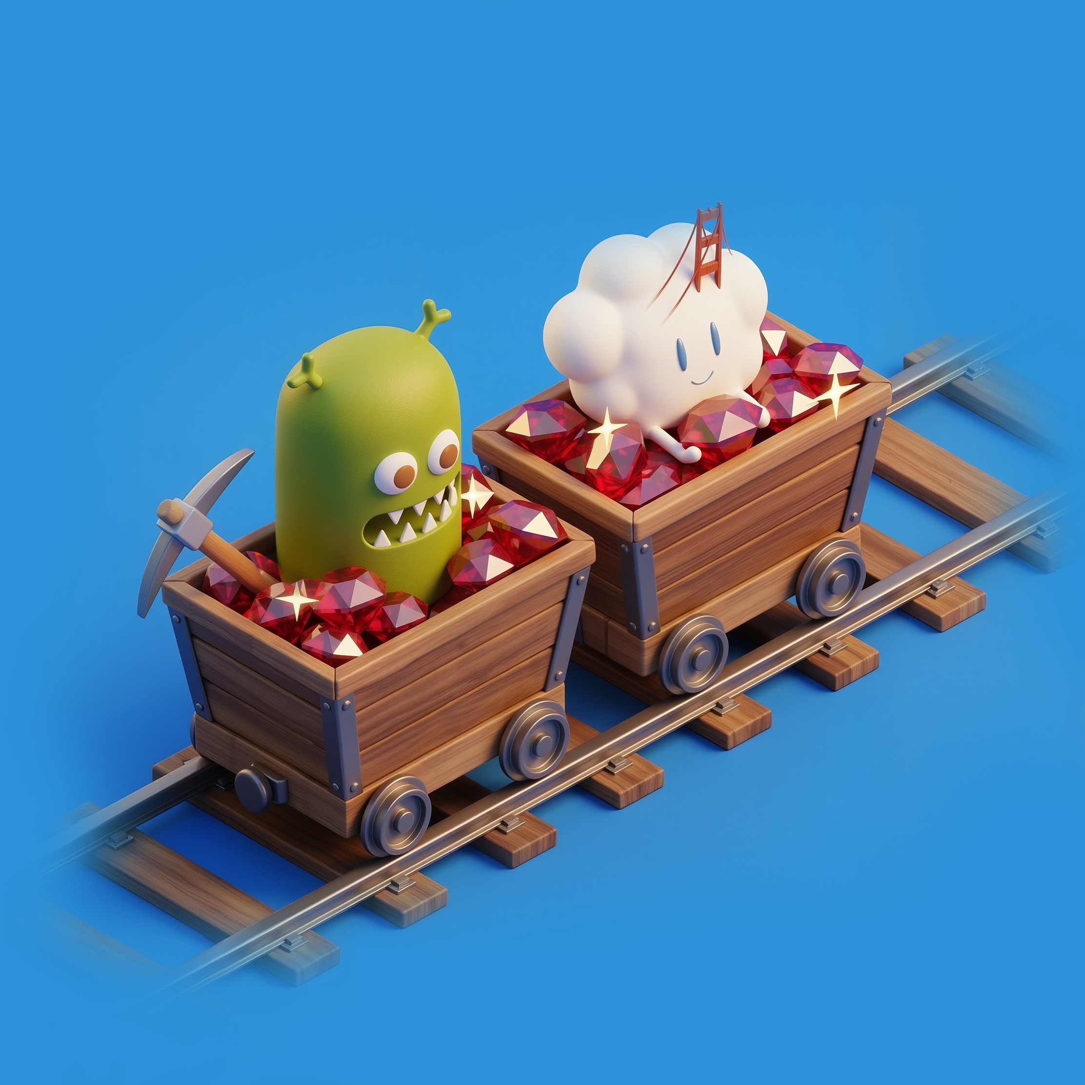 Illustrated mine carts full of rubies with a Golden Gate Bridge cloud, for SF Ruby