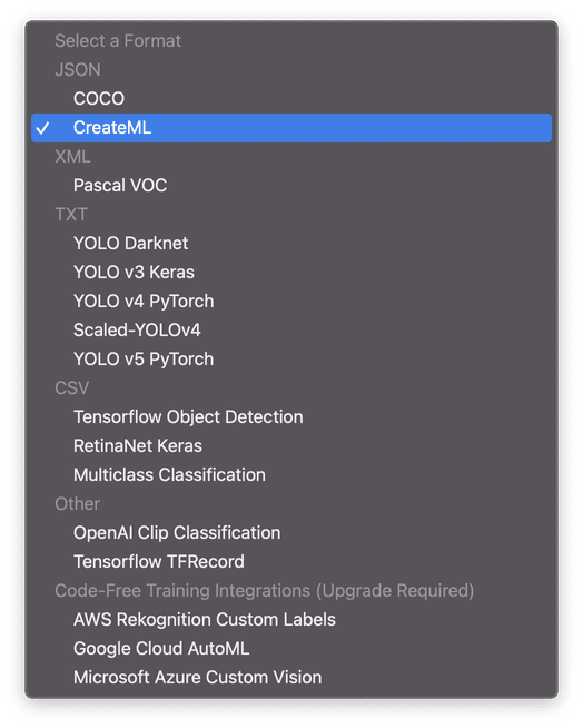 The dropdown menu to select a format has had CreateML selected