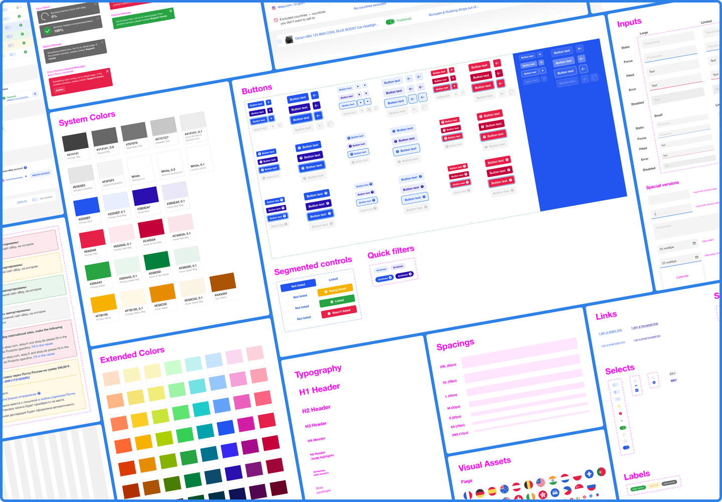 A view showcasing different elements of the design system we developed for eBaymag with items specifying buttons, typography, colors, and so on.