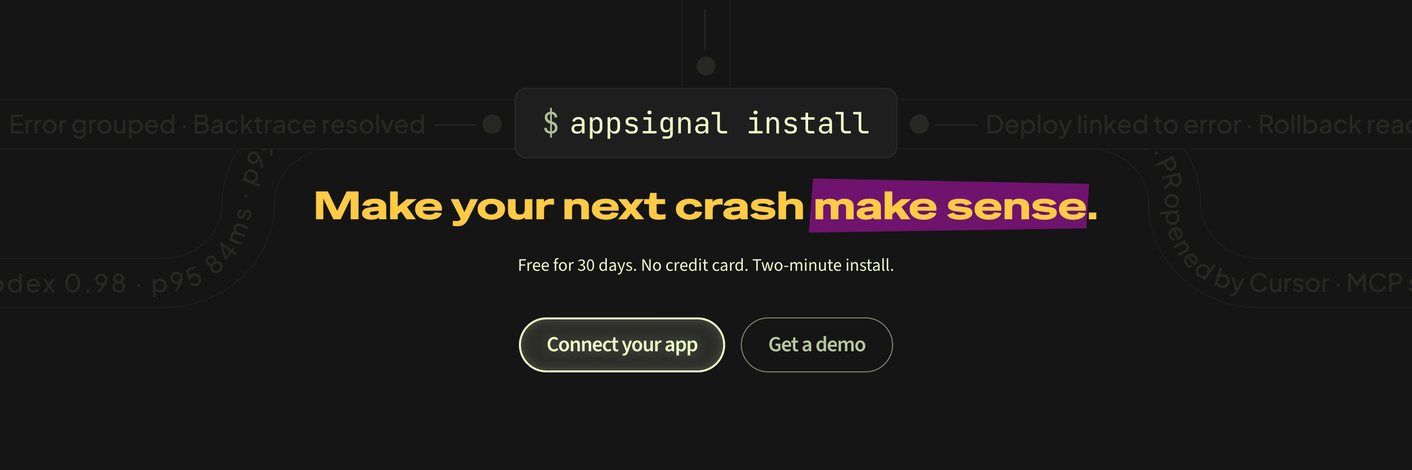 The AppSignal homepage install call to action with a clearer value proposition