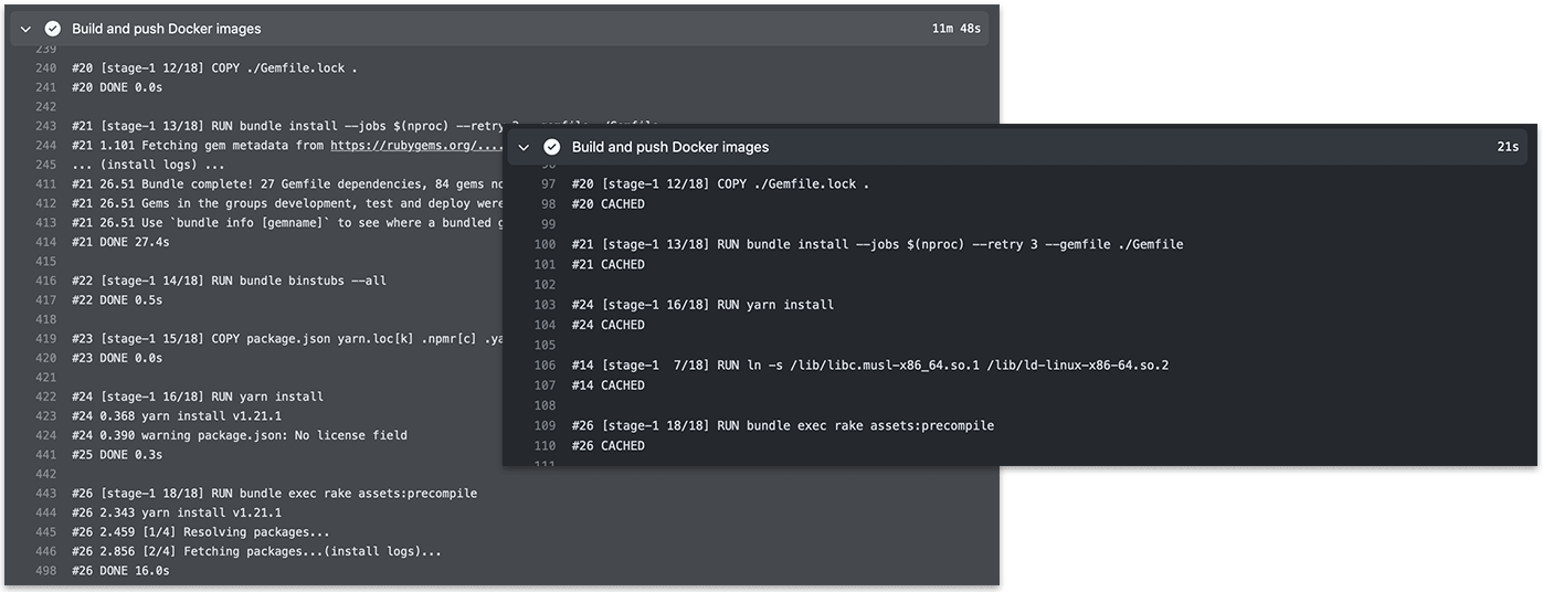 Building a Docker image on the CI before and after adding a cache