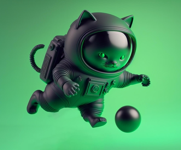 The final render of a jumping cat with a ball