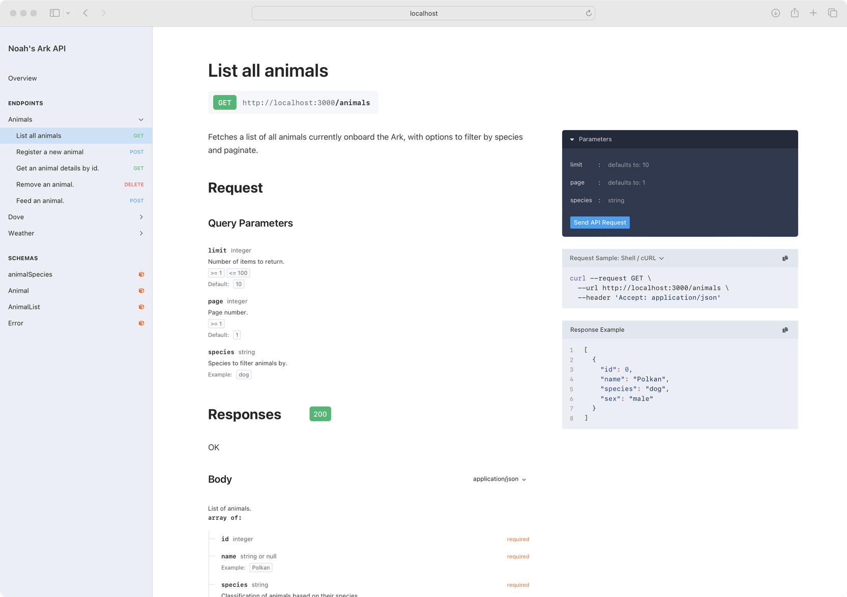 OpenAPI documentation UI generated with Elements