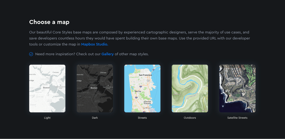 Mapbox options with different map designs to use