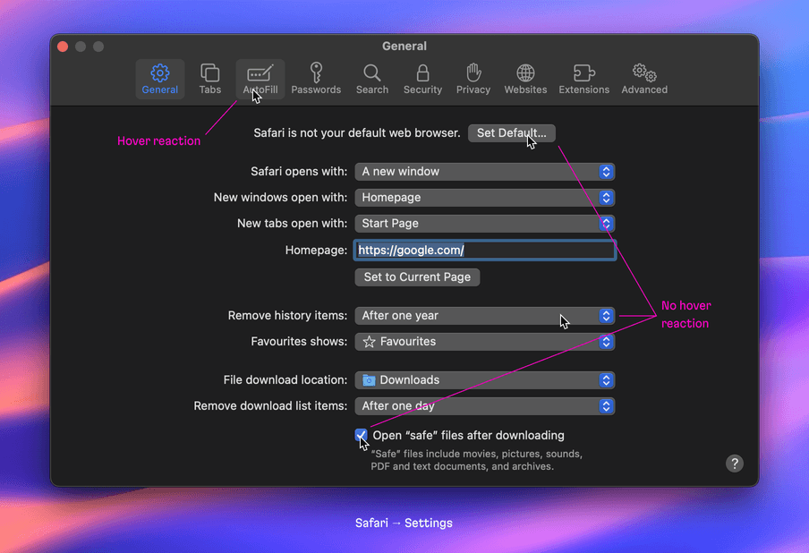 We see how different artifacts handle hover effects within MacOS. styled buttons, dropdowns, and checkboxes do not react, but ghost buttons do