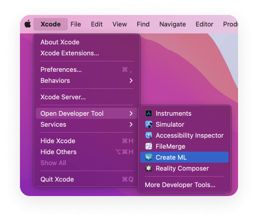 We select Xcode from the macOS menu, then the Open Developer Tool option, then Create ML itself