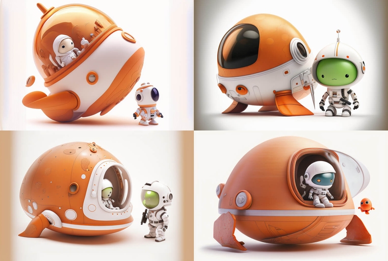 4 sketches of a spaceship and a tiny astronaut in solid 3d style