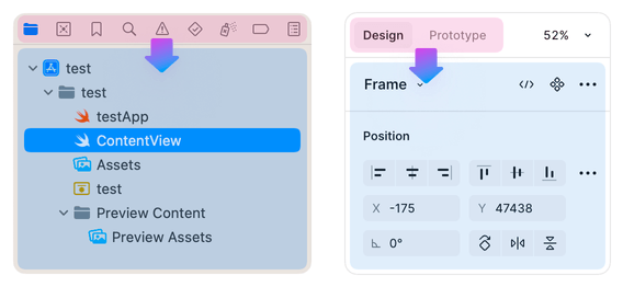 Tab bars in the XCode navigation area and the Figma properties panel