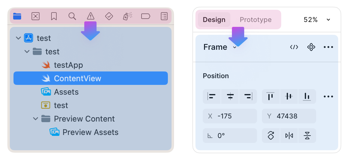 Tab bars in the XCode navigation area and the Figma properties panel