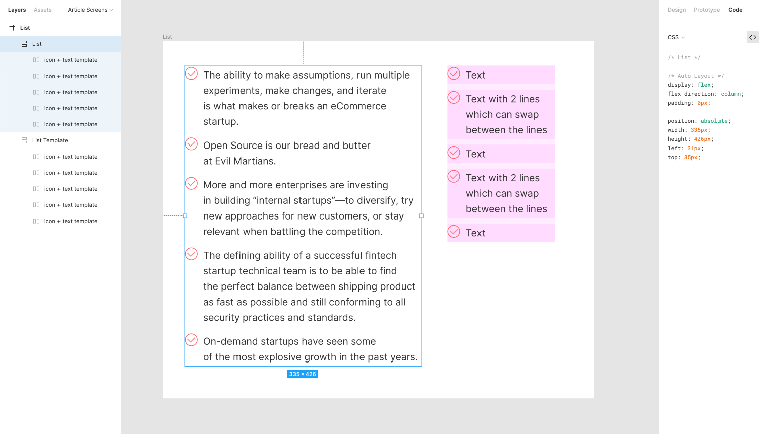 Auto Layout scaffold on the right, real content conforming to that on the left