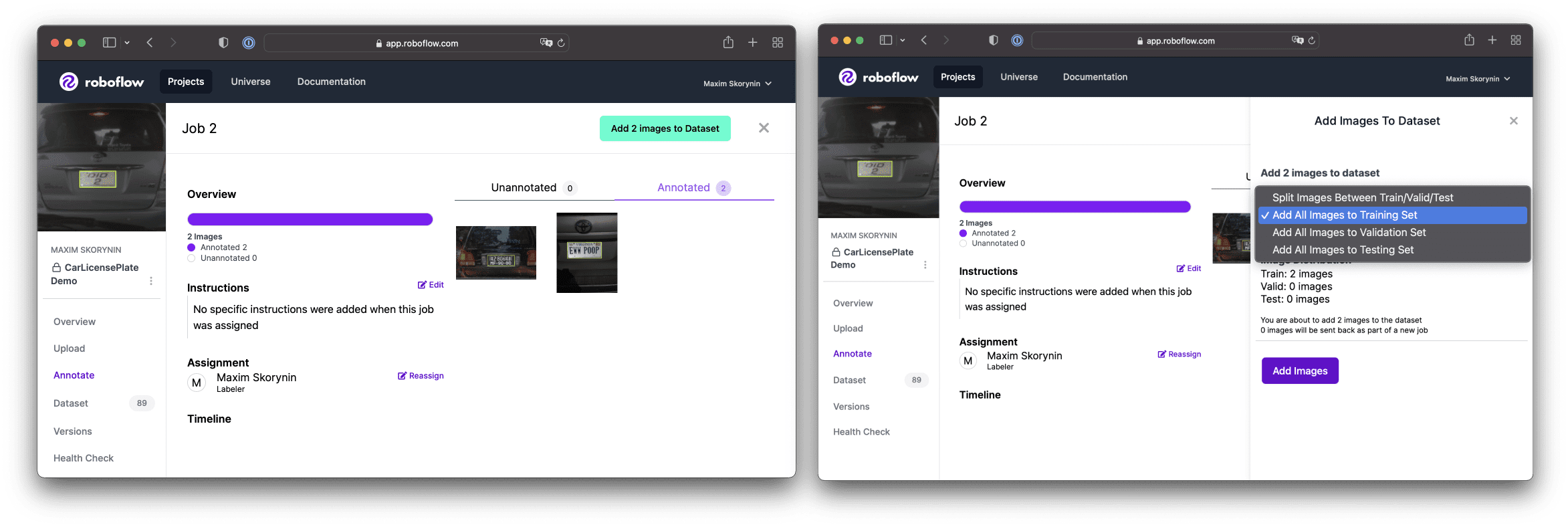 Two panels showing the incompleted job in one, and the reannotated images with a dropdown selecting the menu option to add them to the training set