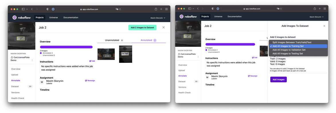 Two panels showing the incompleted job in one, and the reannotated images with a dropdown selecting the menu option to add them to the training set