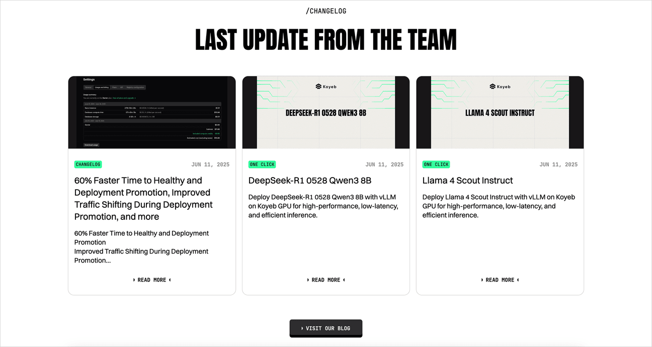 [Koyeb](https://www.playbook.com/s/evilmartians/LZov2Wq8Tk5RxVmLWiHpk5Mk?assetToken=x6wgkMbNRtaMP2hRBb2G8Vzo): Latest articles from the changelog