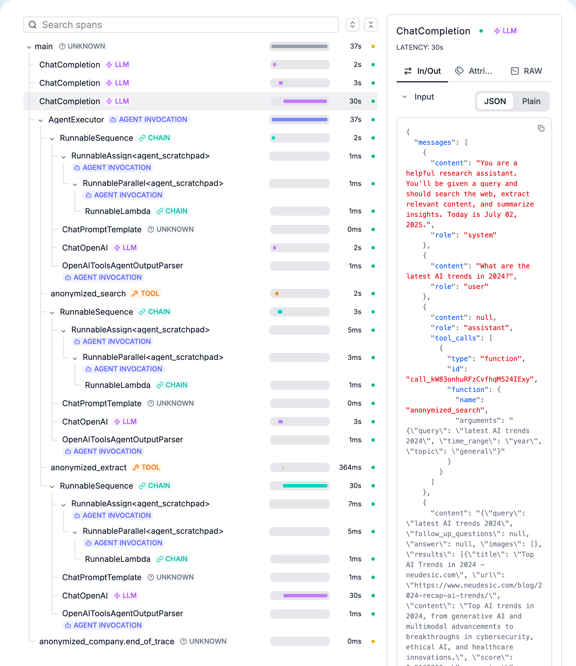 AgentPrism span tree with an LLM call selected and its input shown as JSON