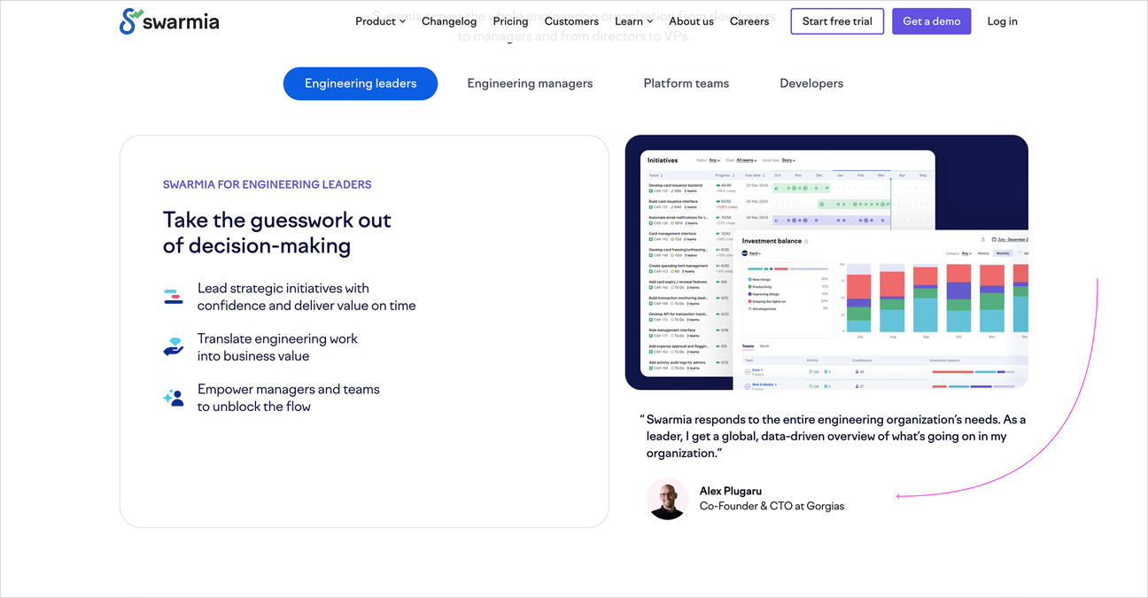 [Swarmia](https://www.playbook.com/s/evilmartians/UZZ5ATH8XwqF65oudRv412H8?assetToken=uK4S7ykAGALGmSE3LTjXhLHE) adds user reviews right next to a feature description