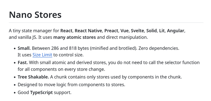 A screenshot of the Nano Stores README. It uses headings, concise text, bold text, a horizontal rule and list to great effect, maximizing readability.