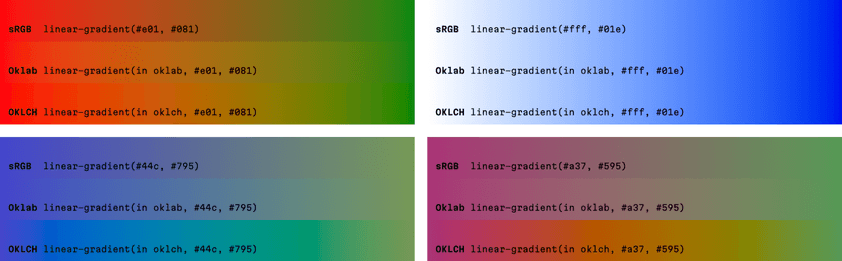 There are four squares. Each square shows the code for gradients with sRBG, Oklab, and OKLCH. The code in each block is the same, but for each color space, the gradient is slightly different.