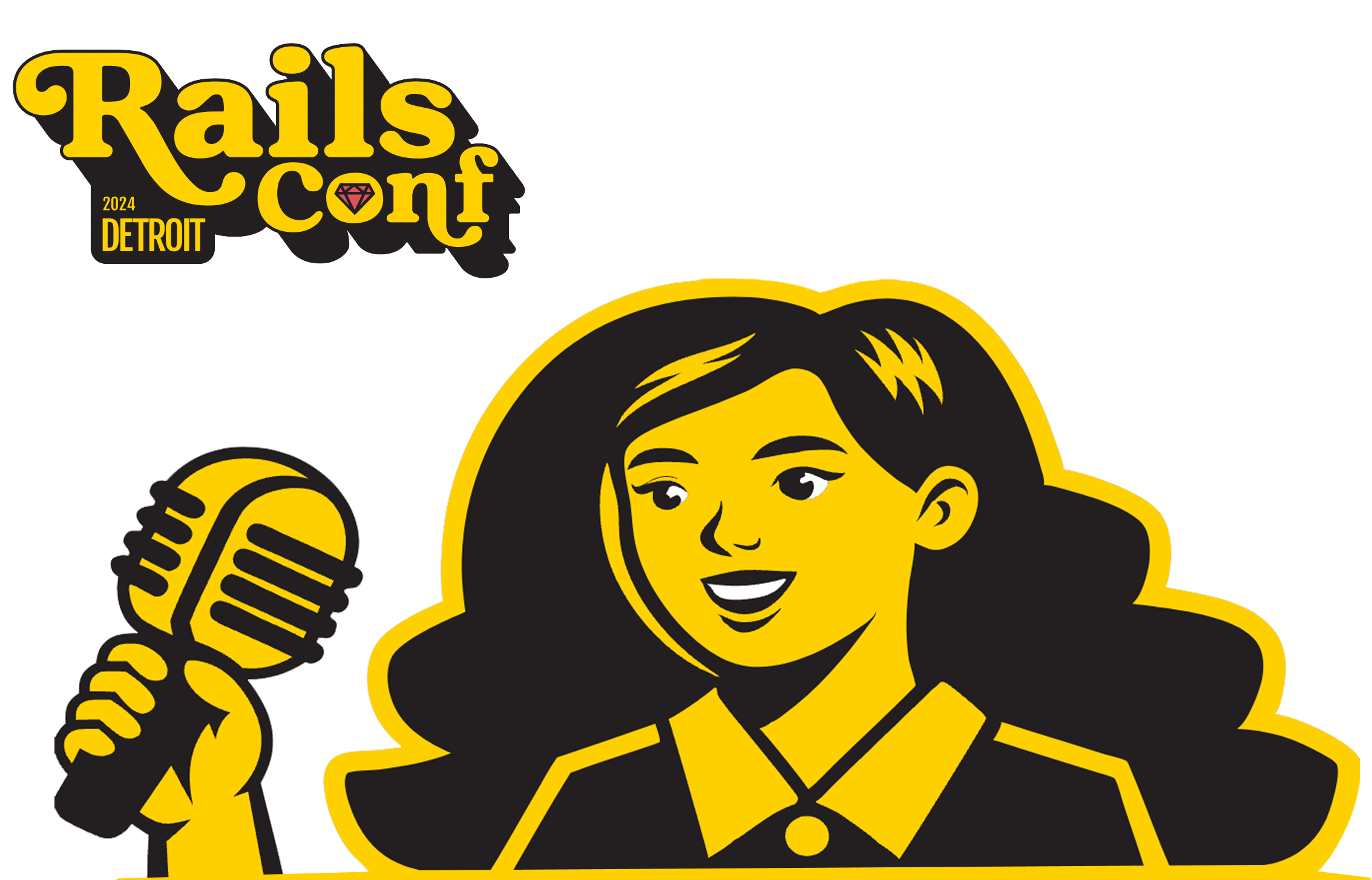 RailsConf 2024 Detroit illustration of a woman speaking into a microphone