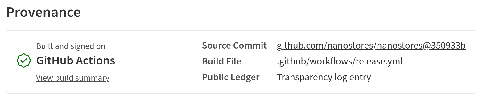 Big table with details that npm-provenance was generated by GitHub CI on project’s npmjs.com page