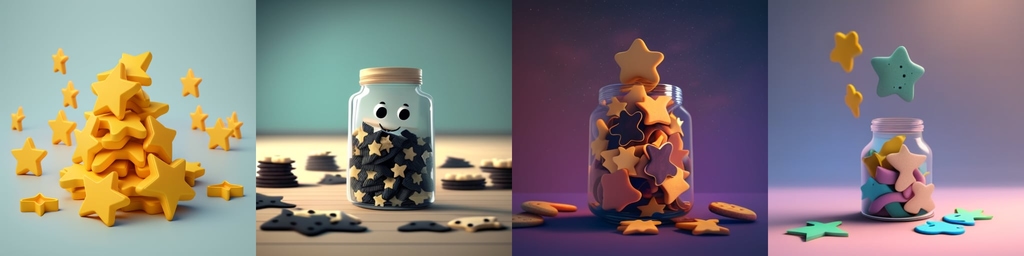 Four Midjourney variants of stars in a jar, including one with a face like a cartoon character.