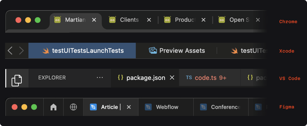 Tab examples from Chrome, Xcode, VS Code, and Figma