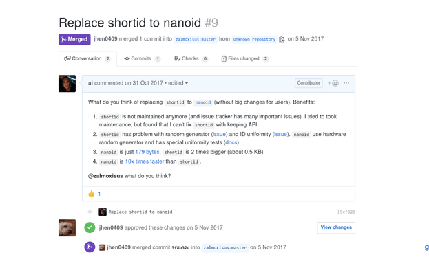 An example of a request via GitHub comment with an offer to replace a preexisting solution with Nano ID. In other words, promotion via PRs demonstrated.