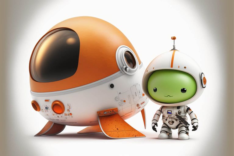 4 sketches of a spaceship and a tiny astronaut in solid 3d style