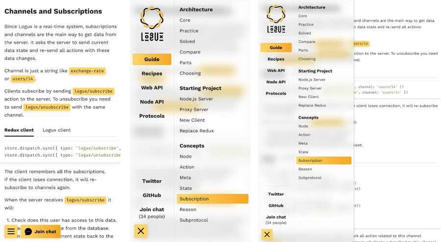 Logux website uses glass-like effect for menu on mobile