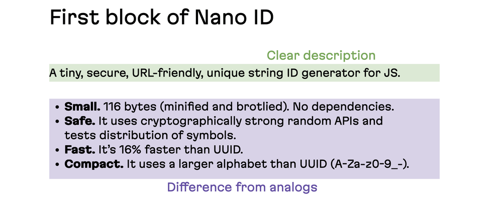 The first block of the Nano ID README is broken down. It has a clear description and establishes how it is different from analogous solutions.