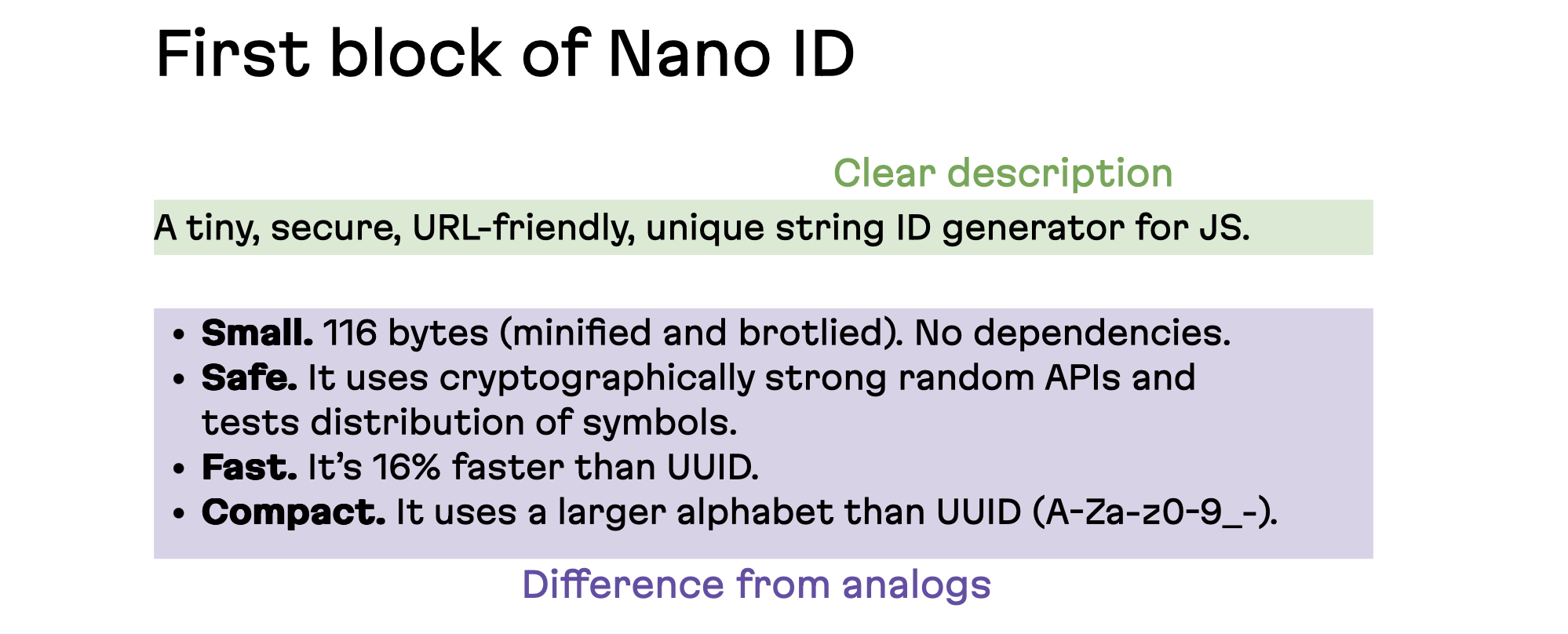 The first block of the Nano ID README is broken down. It has a clear description and establishes how it is different from analogous solutions.