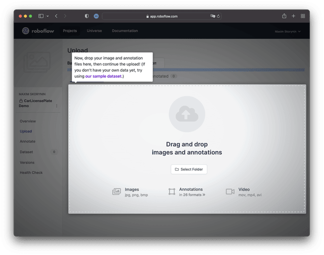 The roboflow upload page allows us to select files, or to drag and drop them