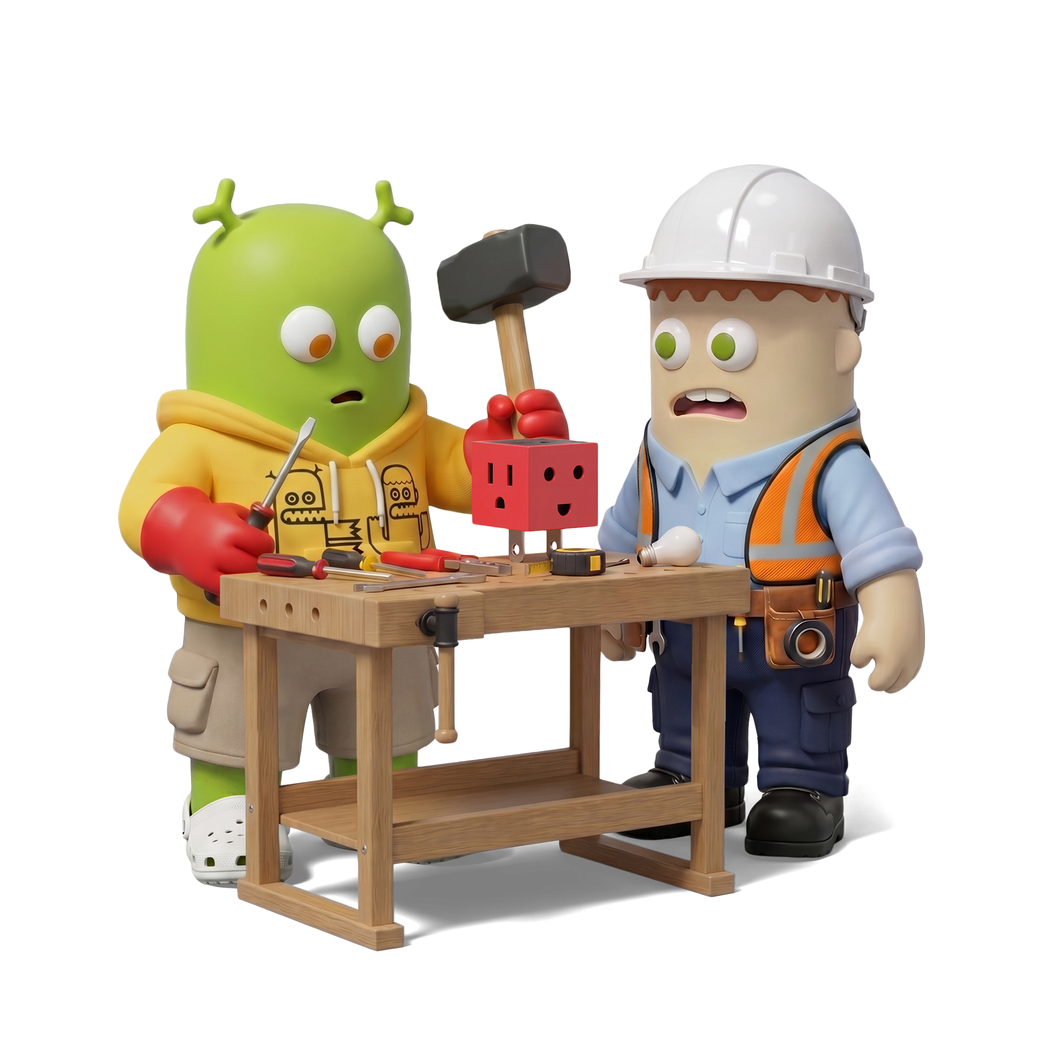 An Evil Martian and a construction worker testing hardware together at a workbench
