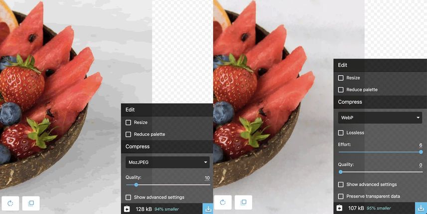 Comparsion of JPEG and WebP on low quality