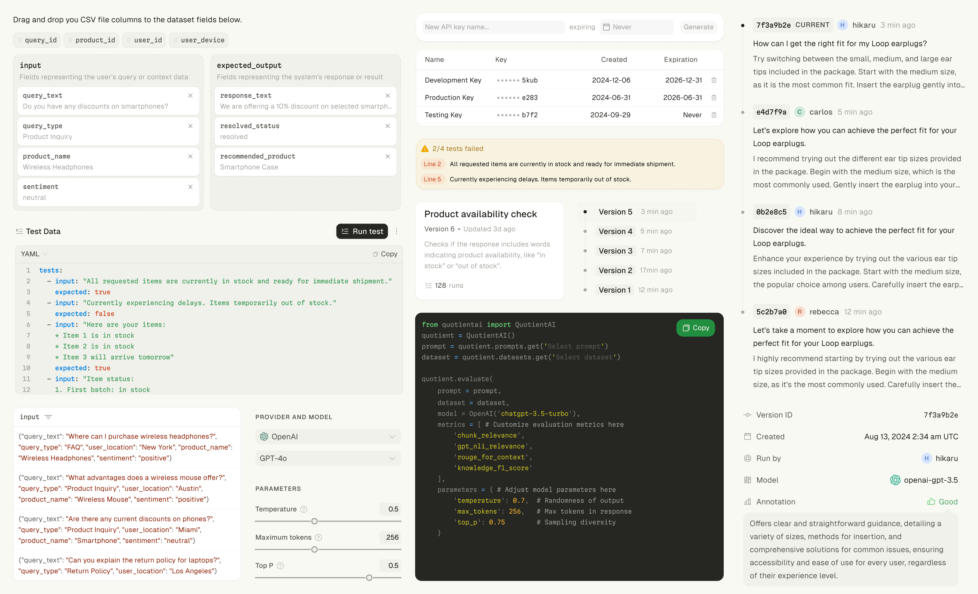 Collage of developer-oriented UI components including diffs, versioning, and config