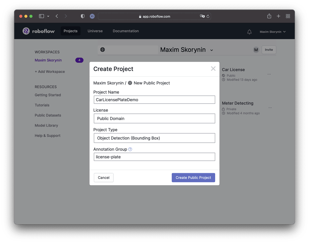 We'll input information about our Roboflow project in this window